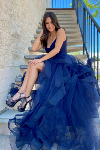 High Low V Neck Navy Blue Tulle Long Prom Dresses, High Low Navy Blue Formal Graduation Evening Dresses EP1750