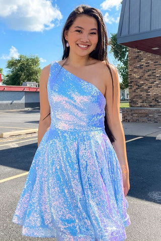 Iridescent Short Blue One Shoulder Prom Dresses, Short Blue One Shoulder Graduation Homecoming Dresses