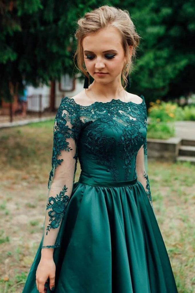 Long Sleeves Emerald Green Lace Long Prom Dresses, Emerald Green