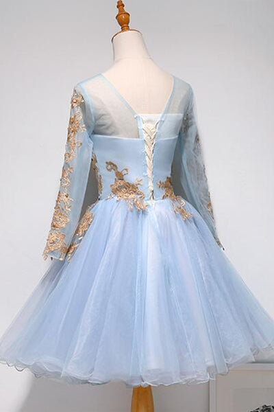 Long Sleeves Light Blue Short Prom Homecoming Dresses with Lace Appliques, Long Sleeves Light Blue Formal Graduation Evening Dresses EP1555