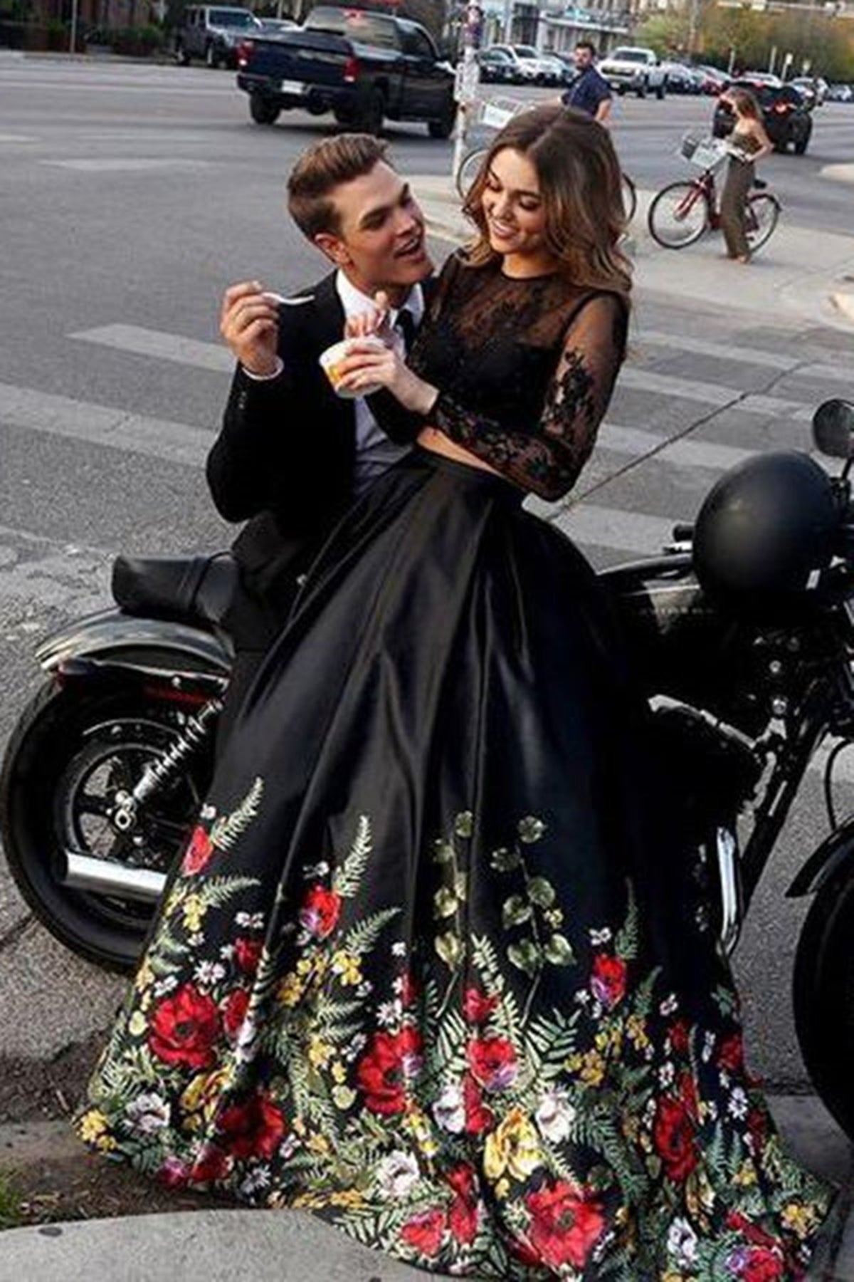 Green A Line Long Sleeves Lace Long Prom Dresses with Leg Slit, Long S –  abcprom