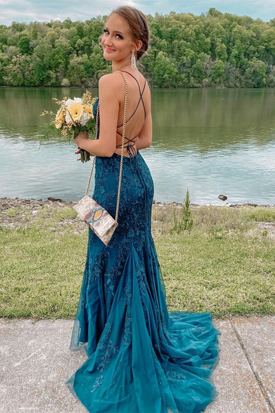 Mermaid Backless Blue Tulle Lace Long Prom Dresses, Blue Lace Formal Dresses, Mermaid Blue Evening Dresses EP1727