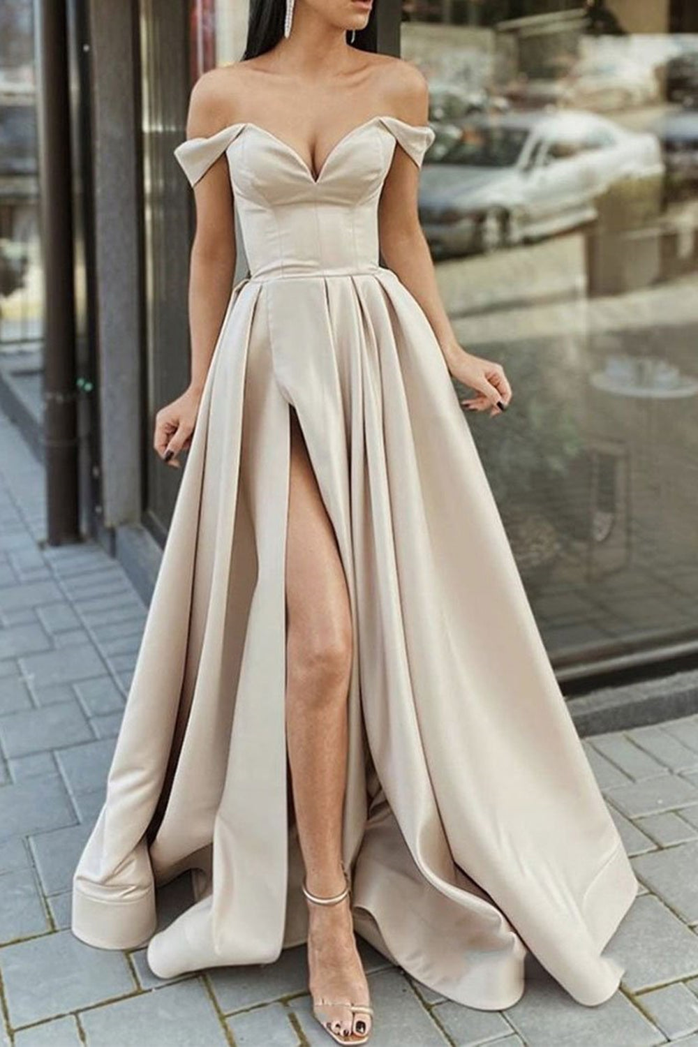 Champagne Long Slit Bridesmaid Dress 