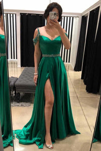 Off Shoulder Green/Red Satin Long Prom Dresses with Beadings, Off the Shoulder Green/Red Formal Graduation Evening Dresses EP1769