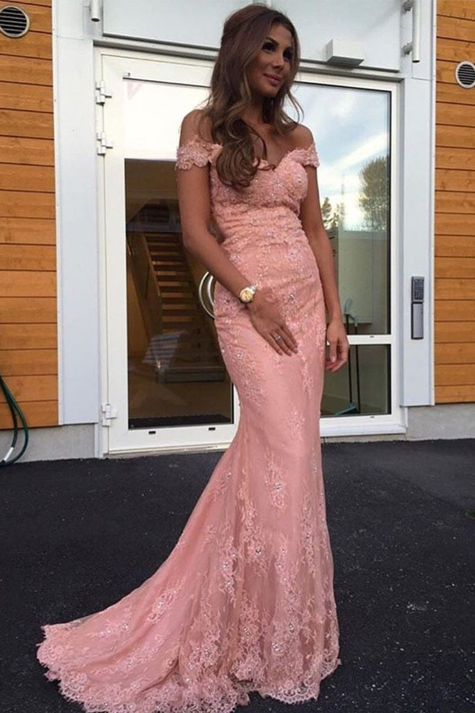 Off Shoulder Two Pieces Pink Lace Prom Dresses, 2 Pieces Pink Formal  Dresses, Pink Lace Evening Dresses EP1412