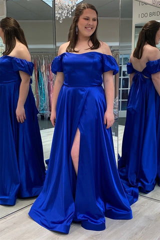 Off Shoulder Royal Blue Satin Long Prom Dresses with High Slit, Long Royal Blue Formal Graduation Evening Dresses EP1840