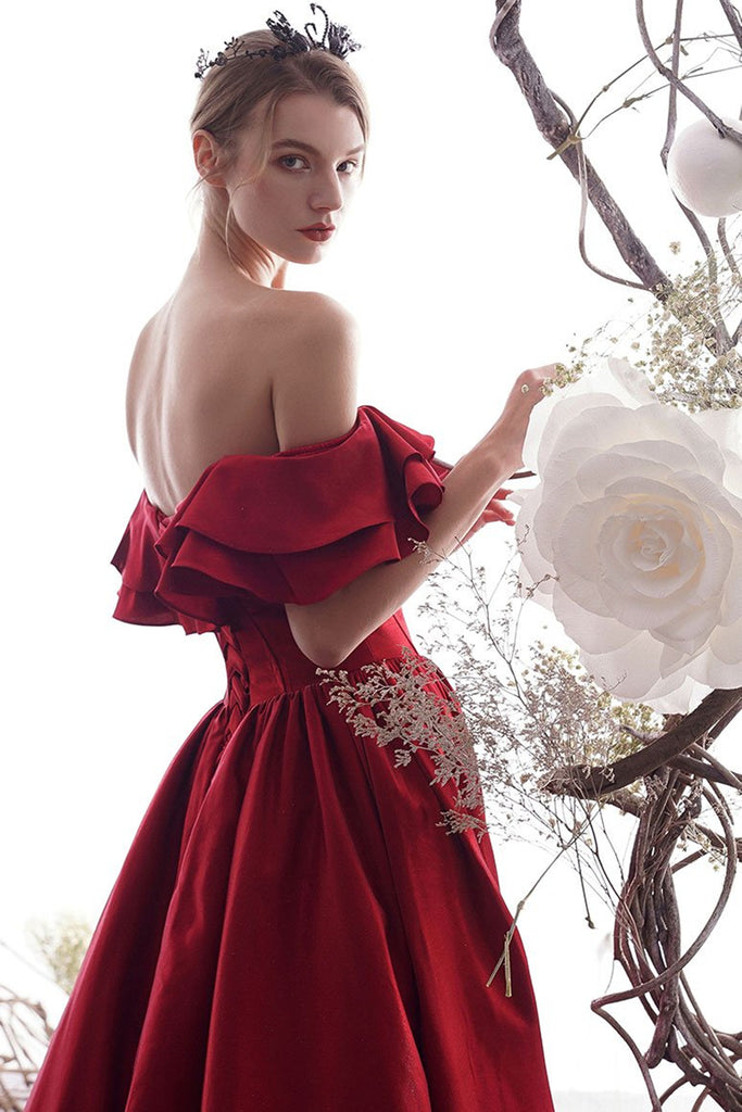 Off the Shoulder Red Satin Long Prom Dresses, Off Shoulder Red