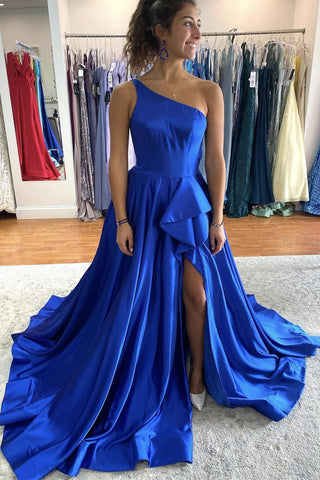 One Shoulder Blue Satin Long Prom Dresses with High Slit, One Shoulder Blue Formal Dresses, Long Blue Evening Dresses EP1681