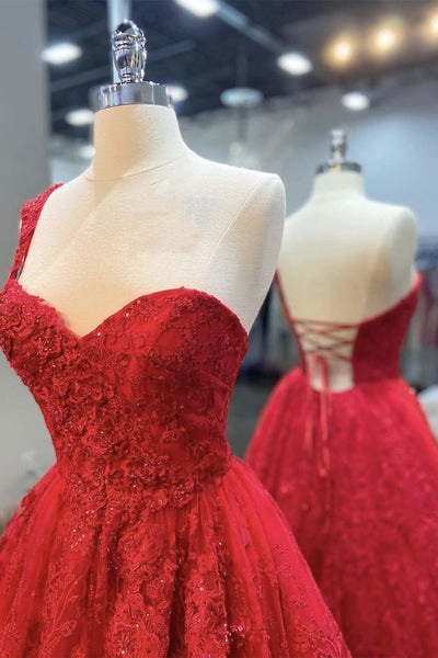 One Shoulder Open Back Red Lace Long Prom Dresses, Sweetheart Neck Red Lace Formal Dresses, Red Evening Dresses EP1682