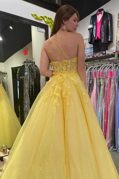 One Shoulder Open Back Yellow Lace Tulle Long Prom Dresses, One Shoulder Yellow Formal Dresses, Yellow Lace Evening Dresses EP1807