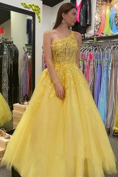 One Shoulder Open Back Yellow Lace Tulle Long Prom Dresses, One Shoulder Yellow Formal Dresses, Yellow Lace Evening Dresses EP1807