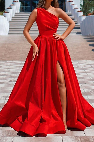 One Shoulder Red Satin Long Prom Dresses with High Slit, One Shoulder Red Formal Dresses, Red Evening Dresses EP1819