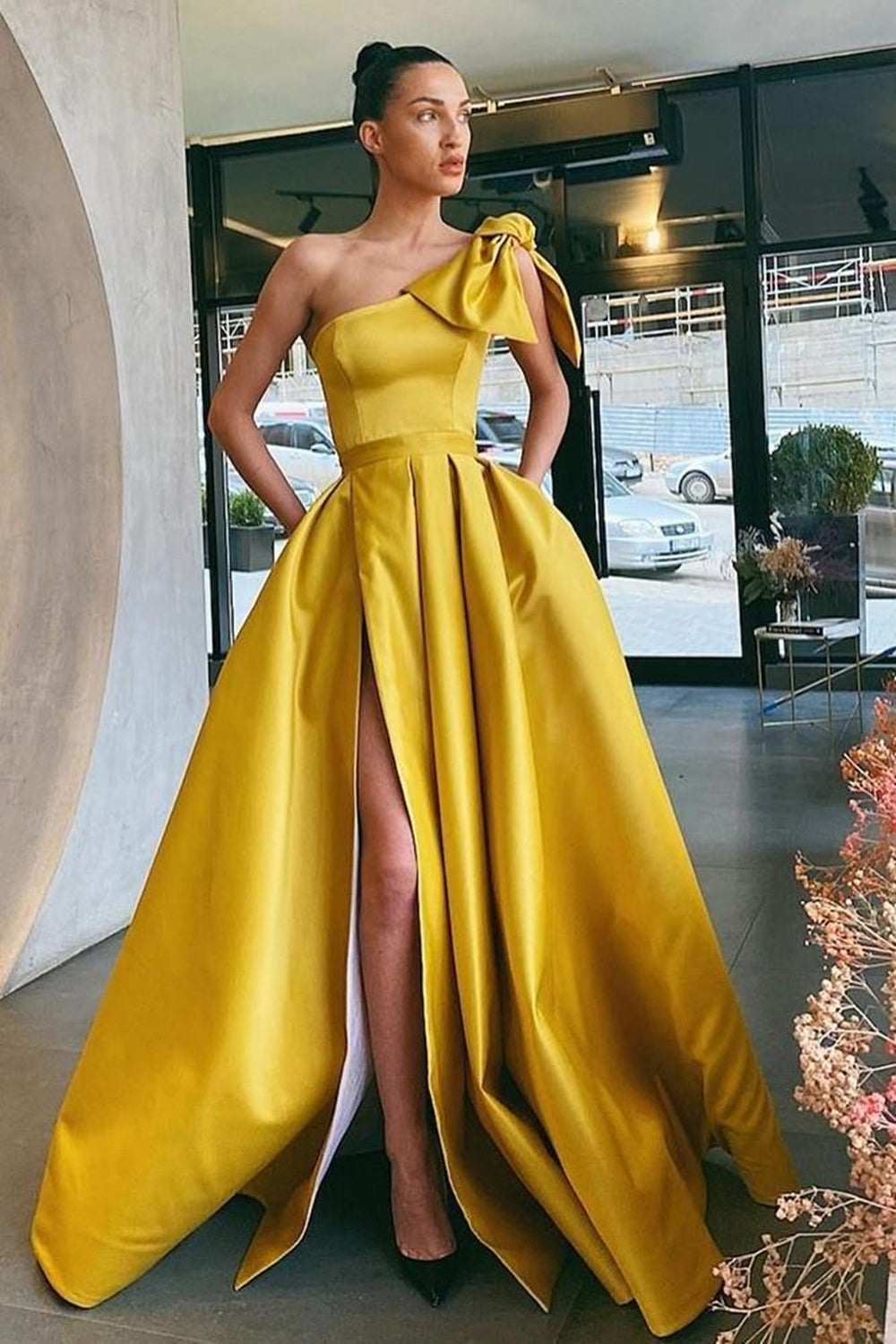 One Shoulder Yellow Satin Long Prom Dresses with High Slit, One