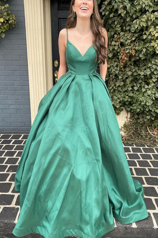 Princess V Neck Backless Green Satin Long Prom Dresses with Pocket, V Neck Green Formal Dresses, Backless Green Evening Dresses EP1811