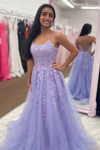 Purple Tulle Open Back Lace Long Prom Dresses, Purple Lace Formal Graduation Evening Dresses EP1696