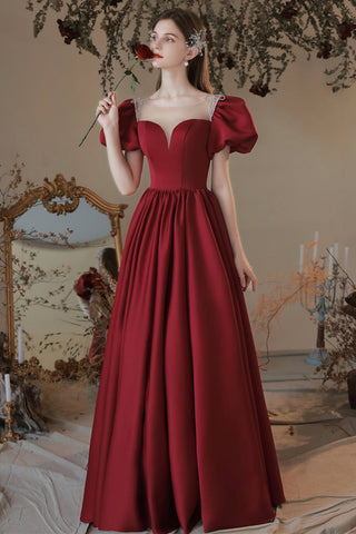 Round Neck Floor Length Burgundy Satin Long Prom Dresses, Burgundy Formal Graduation Evening Dresses EP1698