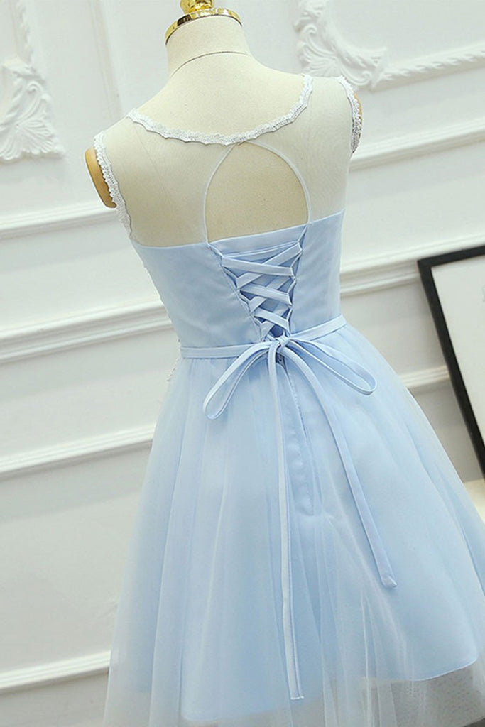 V Neck Light Blue Short Lace Prom Dresses, Light Blue Short Blue