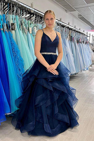 Shiny Dark Navy Blue Prom Dresses, Dark Navy Blue V Neck Long Formal Evening Dresses