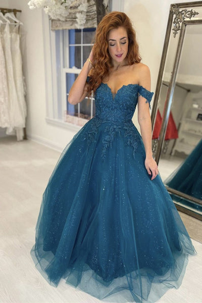 Shiny Off Shoulder Blue Lace Long Prom Dress Off the Shoulder Blue Formal Dress Blue Lace Evening Dress