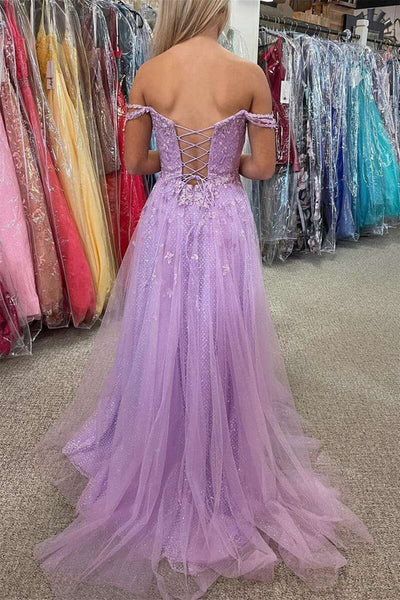 Shiny Off Shoulder Purple Lace Tulle Long Prom Dresses, Purple Lace Formal Graduation Evening Dresses EP1847