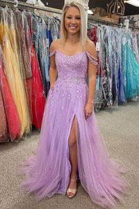 Shiny Off Shoulder Purple Lace Tulle Long Prom Dresses, Purple Lace Formal Graduation Evening Dresses EP1847