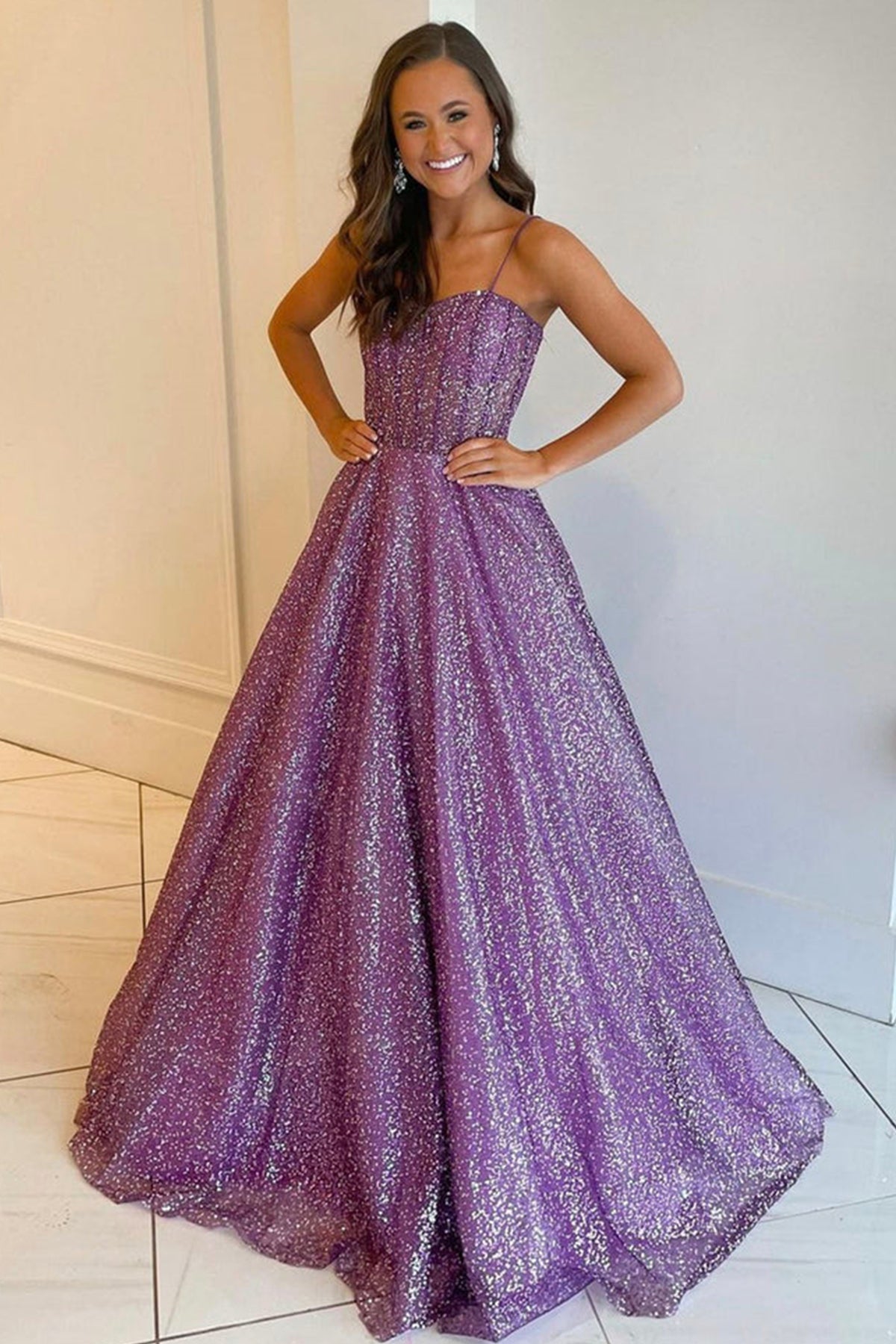 Shiny Sequins Spaghetti Straps Purple Long Prom Dresses, Purple Tulle Formal Graduation Evening Dresses EP1792