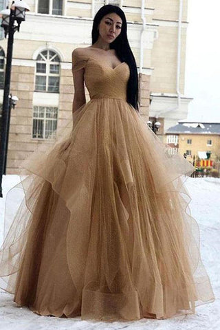 Shiny Tulle Off Shoulder Champagne/Burgundy Long Prom Dresses, Champagne/Burgundy Formal Evening Dresses EP1854