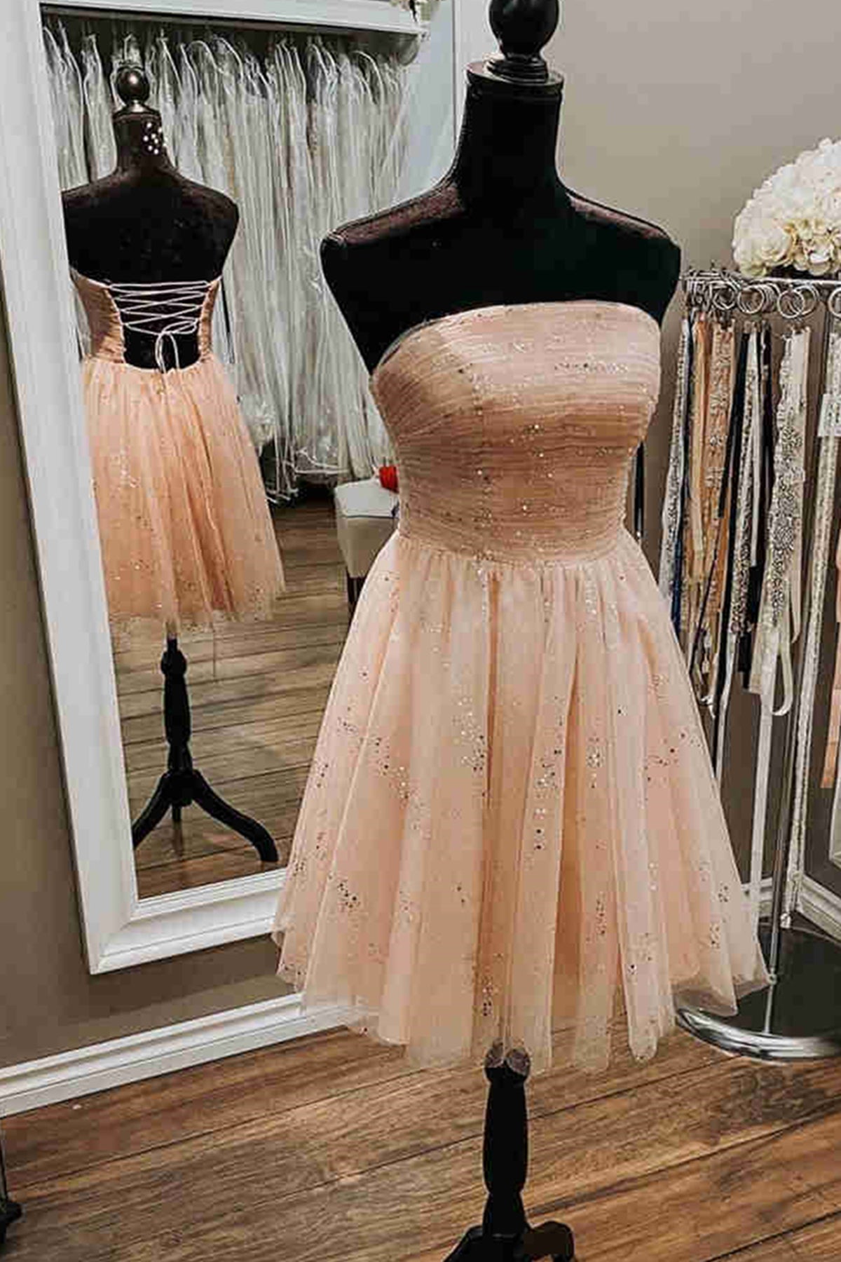 Shiny Tulle Strapless Pink Short Prom Dresses, Pink Tulle Homecoming D –  Eip Collection