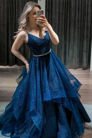 Shiny Tulle V Neck Blue/Burgundy/Black Long Prom Dresses with Belt, Sparkly Blue/Burgundy/Black Formal Evening Dresses EP1837