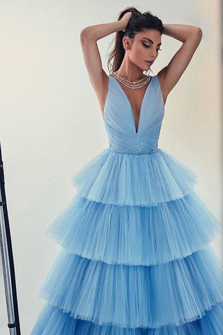 Open Back V Neck Light Blue Lace Long Prom Dresses, Light Blue Lace Fo –  Eip Collection