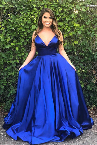 Simple V Neck Backless Royal Blue Satin Long Prom Dresses, V Neck Royal Blue Formal Dresses, Royal Blue Evening Dresses EP1712