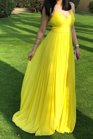 Simple V Neck Yellow Chiffon Long Prom Dresses, V Neck Yellow Formal Graduation Evening Dresses EP1759