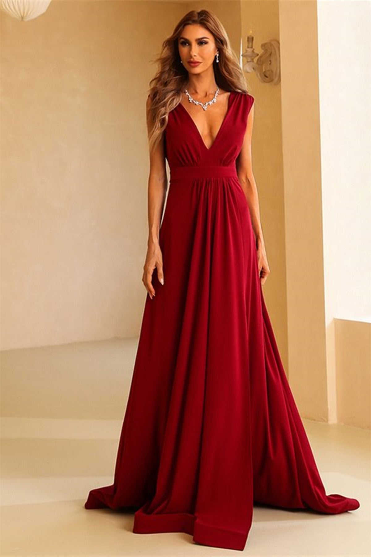 Simple V Neck and V Back Burgundy Long Prom Dresses with High Slit, V Neck Burgundy Formal Graduation Evening Dresses EP1845