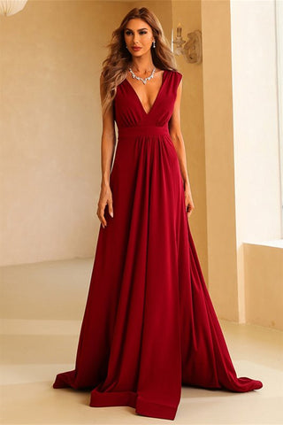 Simple V Neck and V Back Burgundy Long Prom Dresses with Slit, V Neck Burgundy Formal Graduation Evening Dresses EP1786