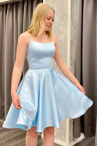 Spaghetti Straps Short Light Blue Satin Prom Homecoming Dresses, Light Blue Formal Graduation Evening Dresses EP1890