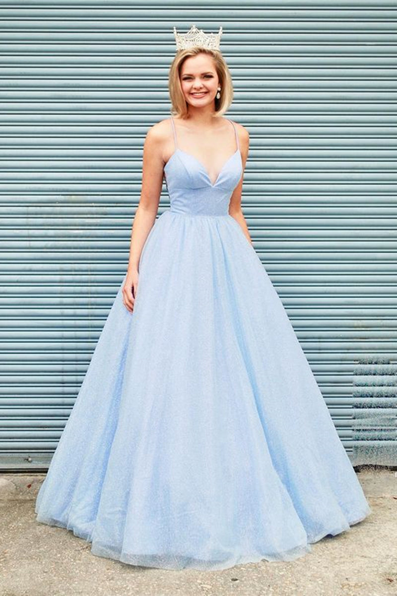 Sparkly V Neck Backless Light Blue Long Prom Dresses, Open Back Light ...