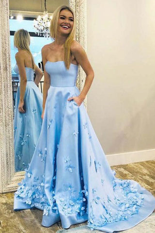 Strapless Blue Satin Floral Long Prom Dresses, Blue Satin Formal Graduation Evening Dresses with 3D Flowers EP1699