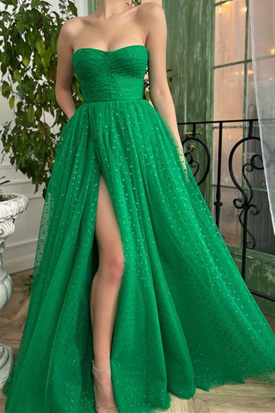 Strapless Green Long Tulle Prom Dresses, Strapless Green Long Tulle Formal Evening Dresses