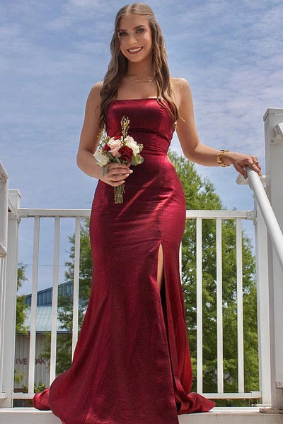 Strapless Mermaid Blue/Purple/Burgundy Satin Long Prom Dresses with High Slit, Mermaid Blue/Purple/Burgundy Formal Graduation Evening Dresses EP1869