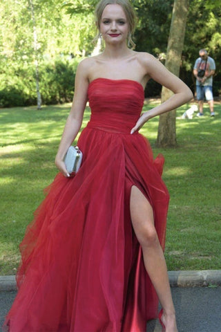 Strapless Red Tulle Long Prom Dresses with High Slit, Red Tulle Formal Graduation Evening Dresses EP1774