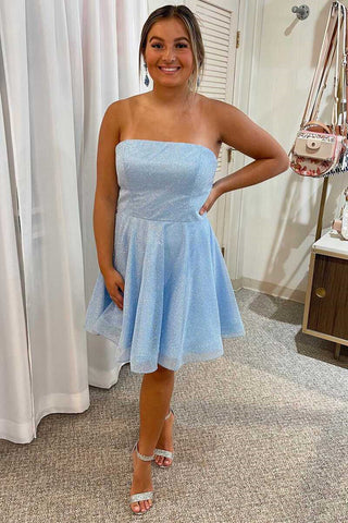 Strapless Shiny Light Blue Short Prom Dresses, Shiny Blue Short Graduation Homecoming Dresses