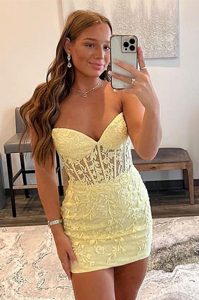 Strapless Short Yellow Lace Prom Dresses, Short Yellow Lace Formal