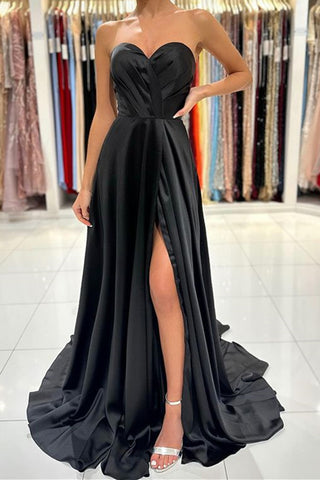 Strapless Sweetheart Neck Black Green Long Satin Prom Dresses, Black Green Long Formal Evening Dresses