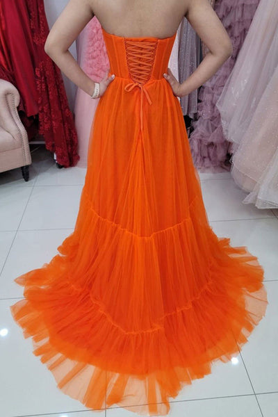 Strapless Sweetheart Neck Orange Tulle Long Prom Dresses, Strapless Orange Formal Graduation Evening Dresses EP1812