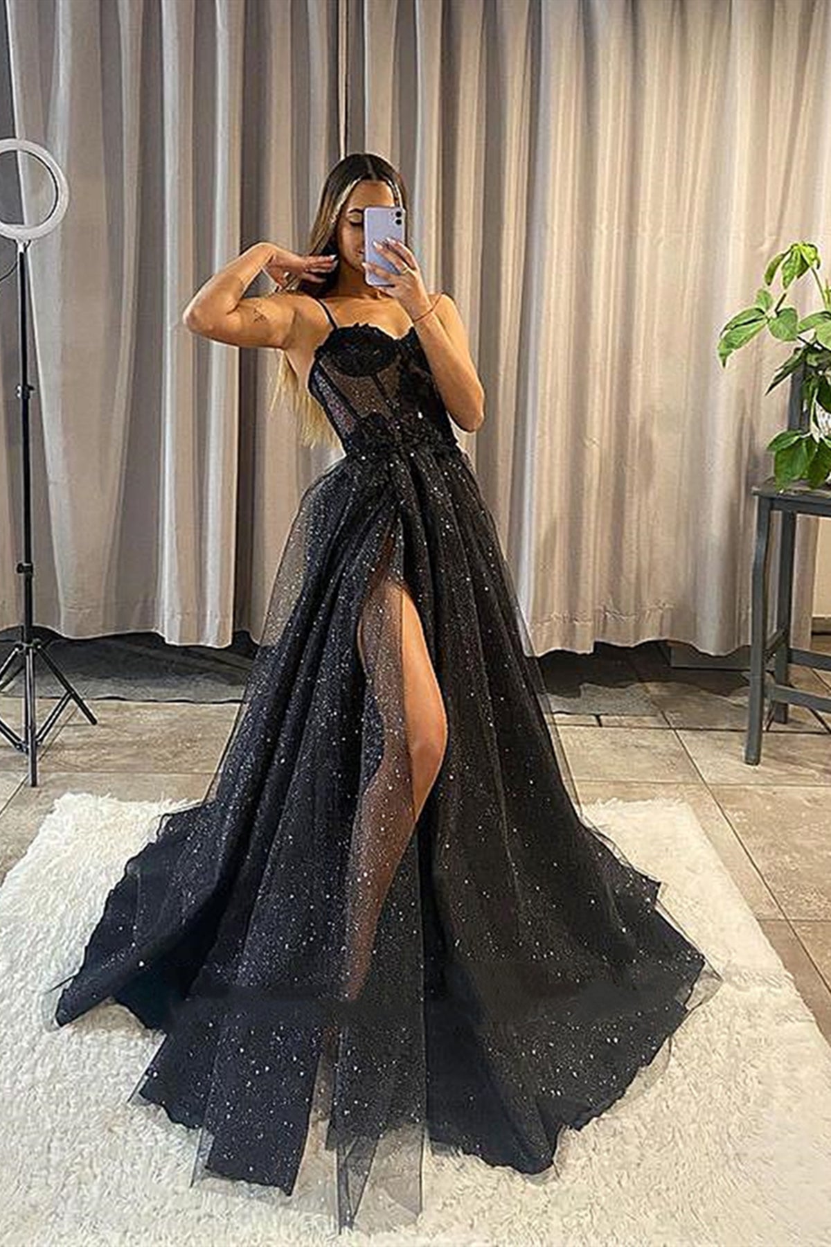 V Neck Long Sleeves Black Lace Long Prom Dresses, High Low Black Forma –  morievent