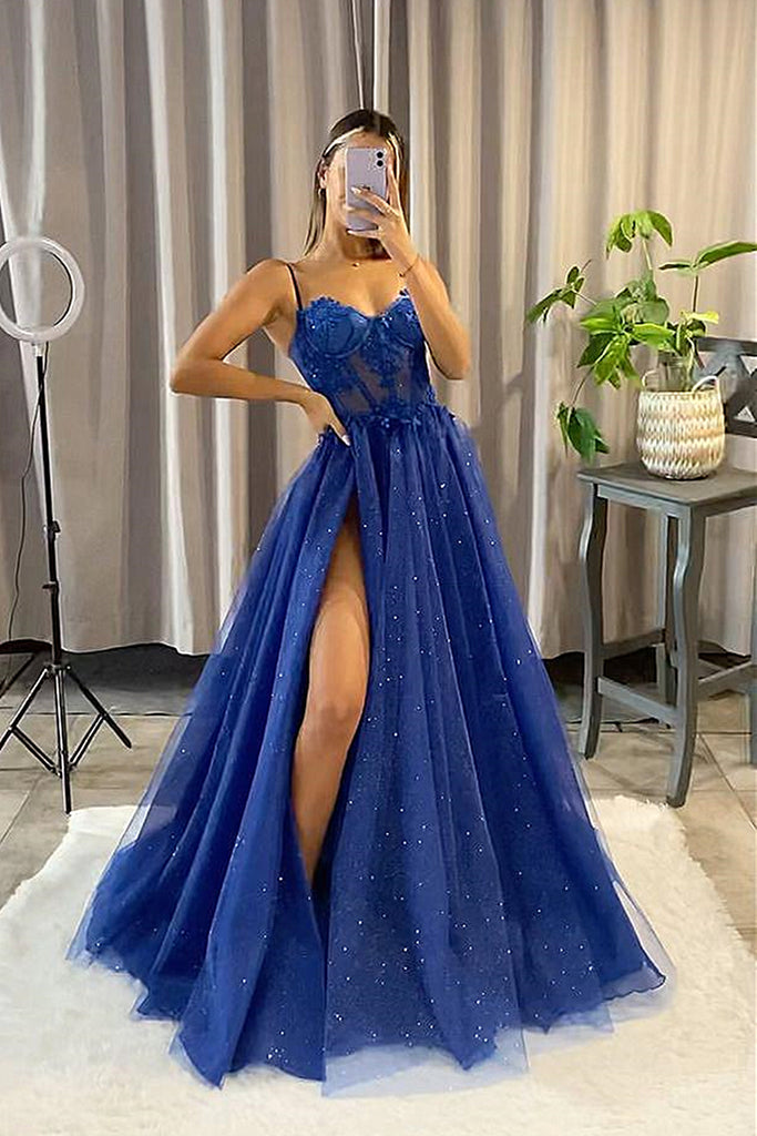 Royal Blue Sequin Off-the-shoulder Sleeve Slit Prom Dress - Lunss