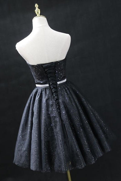 Sweetheart Neck Strapless Black Short Prom Dresses, Open Back Black Homecoming Dresses, Black Formal Evening Dresses EP1512