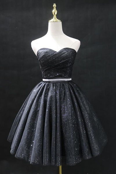 Sweetheart Neck Strapless Black Short Prom Dresses, Open Back Black Homecoming Dresses, Black Formal Evening Dresses EP1512