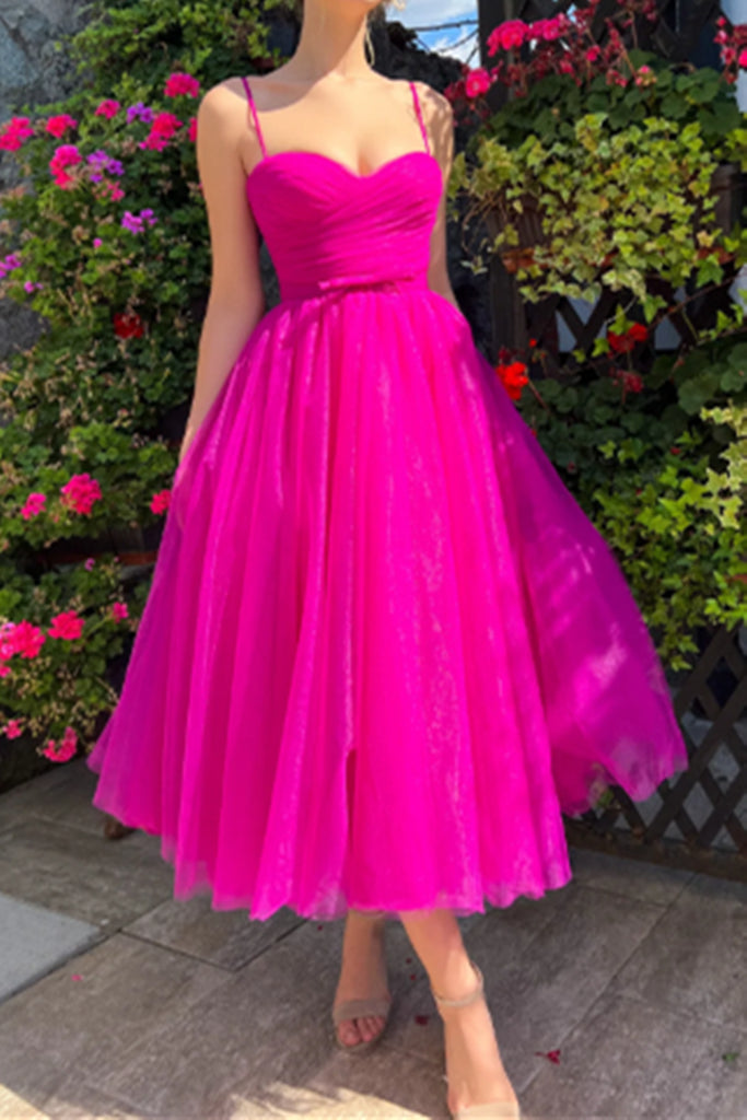 Tea Length Hot Pink Prom Dresses, Tea Length Hot Pink Formal Homecomin –  Eip Collection