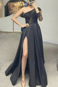 Unique One Shoulder Black Lace Long Prom Dresses with High Slit, Black Lace Formal Dresses, Black Evening Dresses